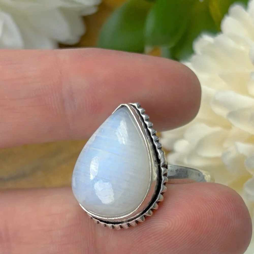Blue Purple Rainbow Moonstone Ring Size 7 Pear New Sterling Silver 925 Overlay